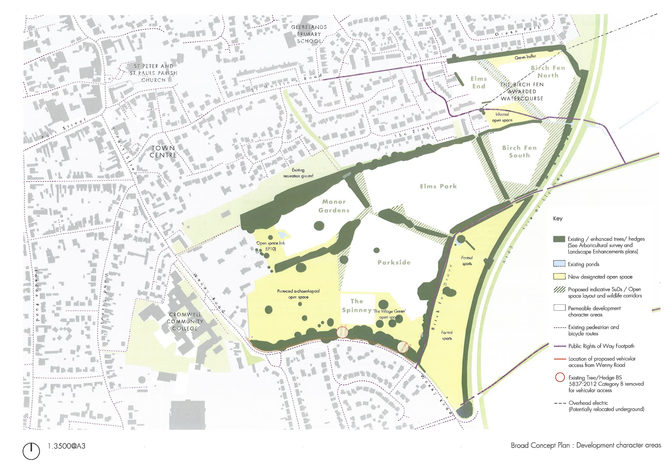 A diagram showing the different development names for character areas within the East Chatteris Broad Concept Plan site