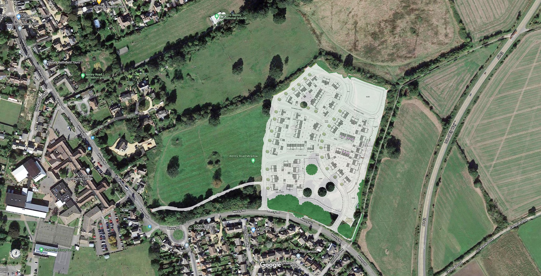 The development plan overlayed against the aerial view of the site